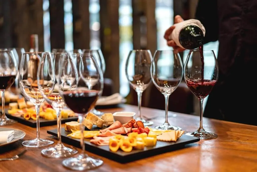 Wine glasses arranged for an informal tasting
